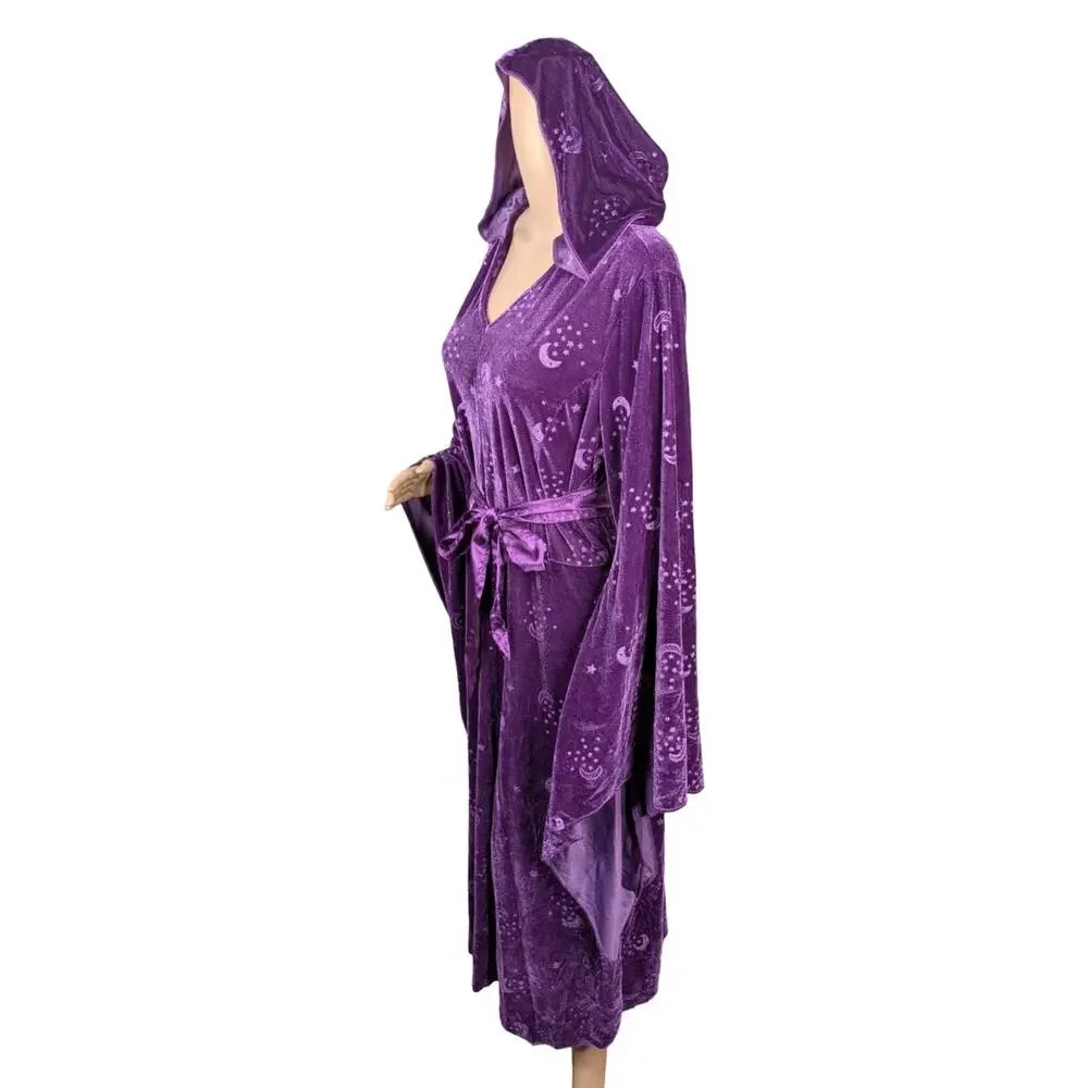 Spirit Purple Crushed Velvet Celestial Hooded Dress Cloak Moon Star Bell Sleeve - Picture 7 of 10